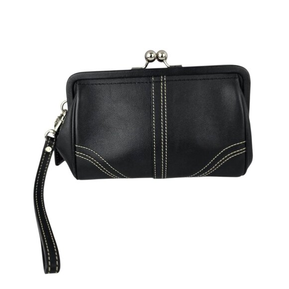 Vintage Coach Leather Signature Black Clutch Kiss Lock Wristlet Bag 6.5" x 5" - Picture 1 of 6